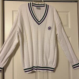 Mens WIMBLEDON Sz M White V-Neck Long Sleeve Cable Knit Tennis Sweater Top